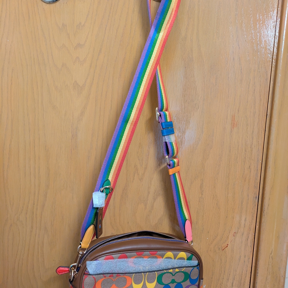 Coach Rainbow Signature Canvas Crossbody Bag - Multicolor with Brown Trim - Picture 2 of 9